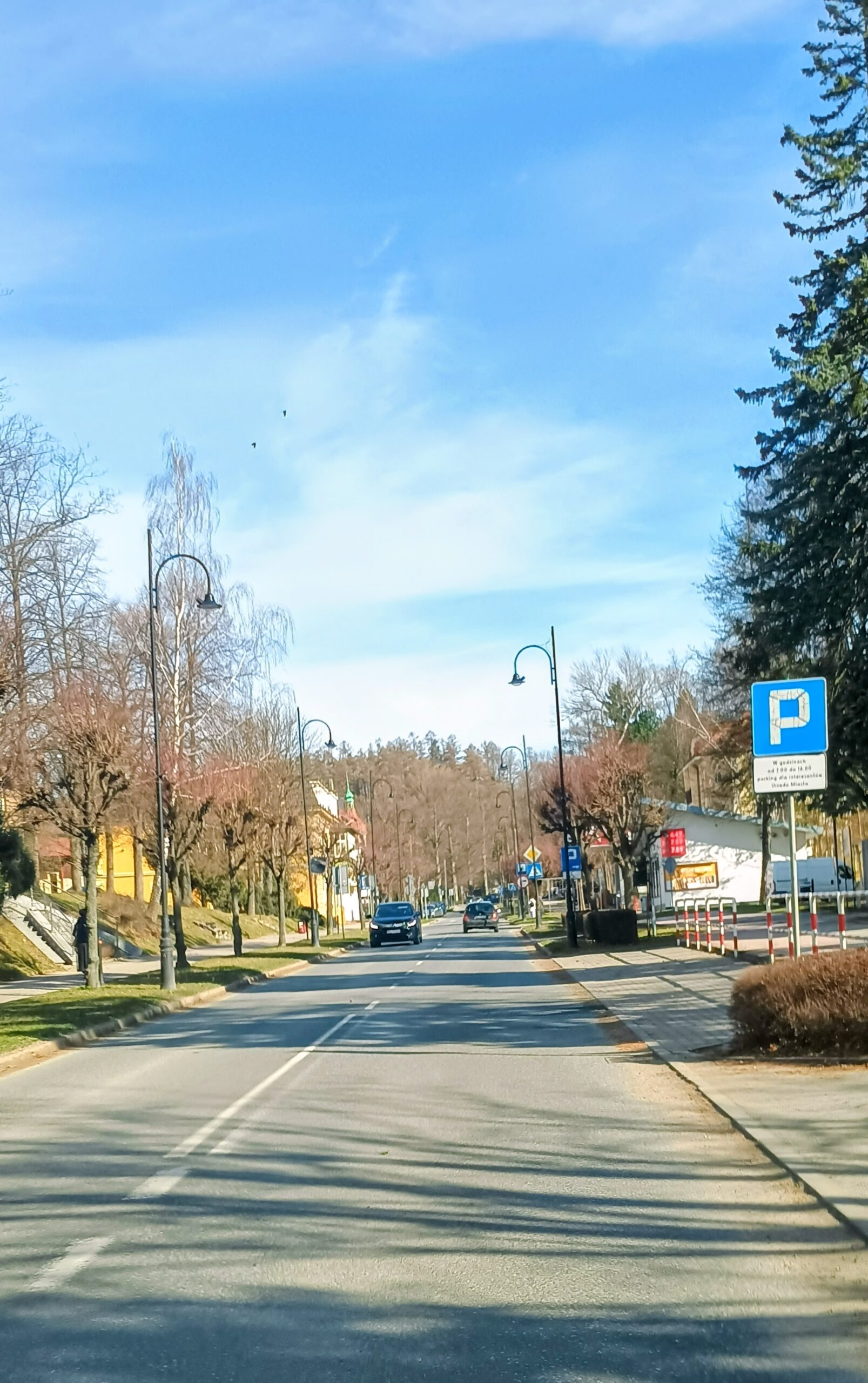Pusta ulica miejska z zielonymi pasami i latarniami, bez słupków drogowych, w słoneczny dzień
