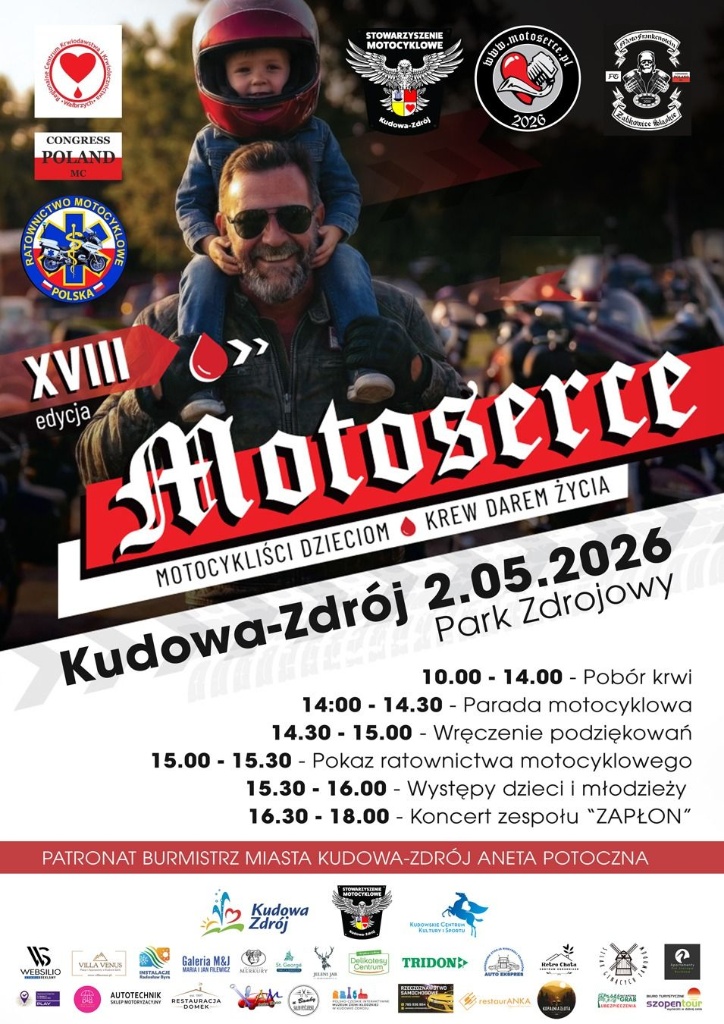 Ojciec z dzieckiem w kasku motocyklowym na ramionach na tle motocyklistów, plakat XVIII edycji Motoserca w Kudowie-Zdroju