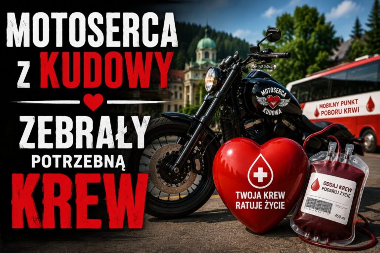 Czarny motocykl obok dużego czerwonego serca z napisem 'Twoja krew ratuje życie' i worka z krwią na tle mobilnego punktu.