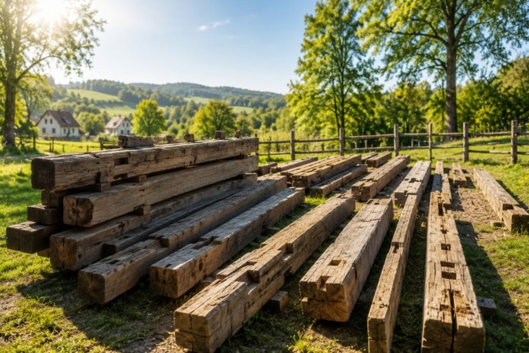 Stare drewniane belki z nacięciami ułożone na trawie na tle wiejskiego krajobrazu i drzew w słoneczny dzień.
