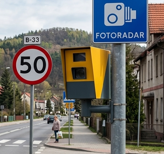 Żółty maszt fotoradaru obok znaku ograniczenia prędkości do 50 km/h i niebieskiej tablicy informacyjnej przy drodze.