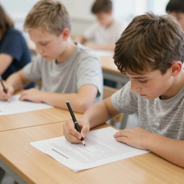 Uczniowie w klasie skupieni na pisaniu egzaminu ósmoklasisty w ławkach szkolnych.