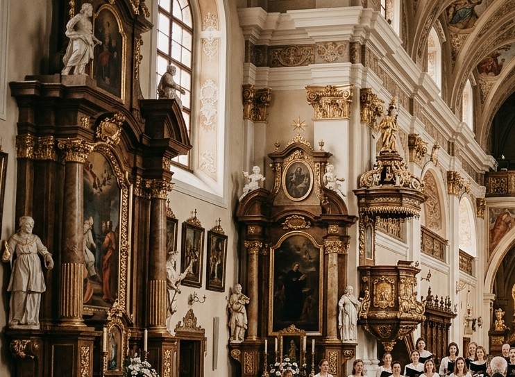 Złocone barokowe wnętrze bazyliki w Wambierzycach z rzeźbami świętych, bogatą amboną i chórem u podnóża ołtarza.