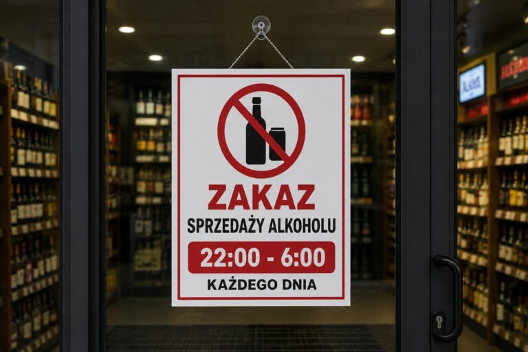Tabliczka na szklanych drzwiach informująca o zakazie sprzedaży alkoholu w godzinach 22:00 - 6:00 każdego dnia.