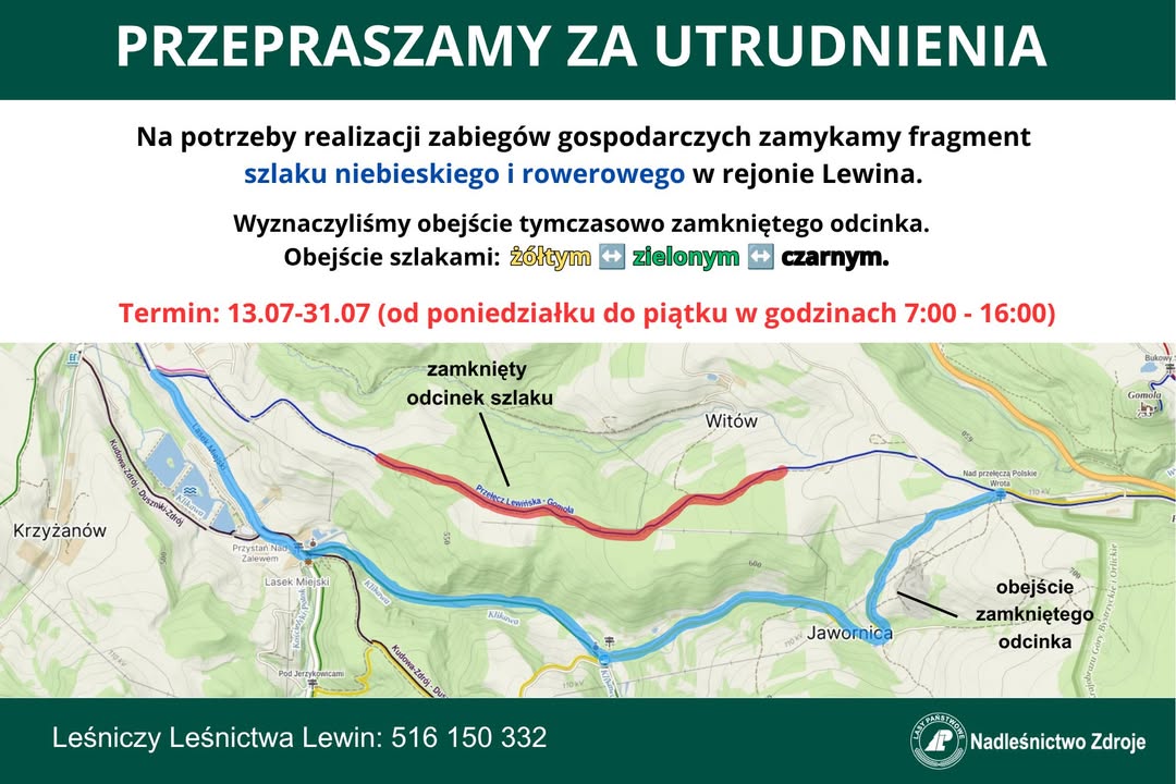 Czasowe zamknięcie szlaków w rejonie Lewina - Lewin Kłodzki
